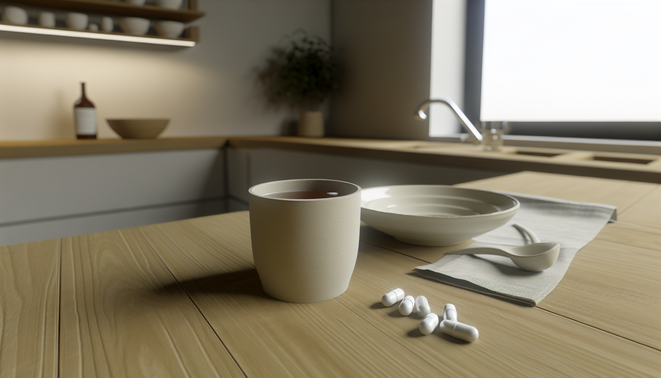 Modern kitchen with wooden counter, ceramic cup of tea, and neatly arranged white pill capsules.